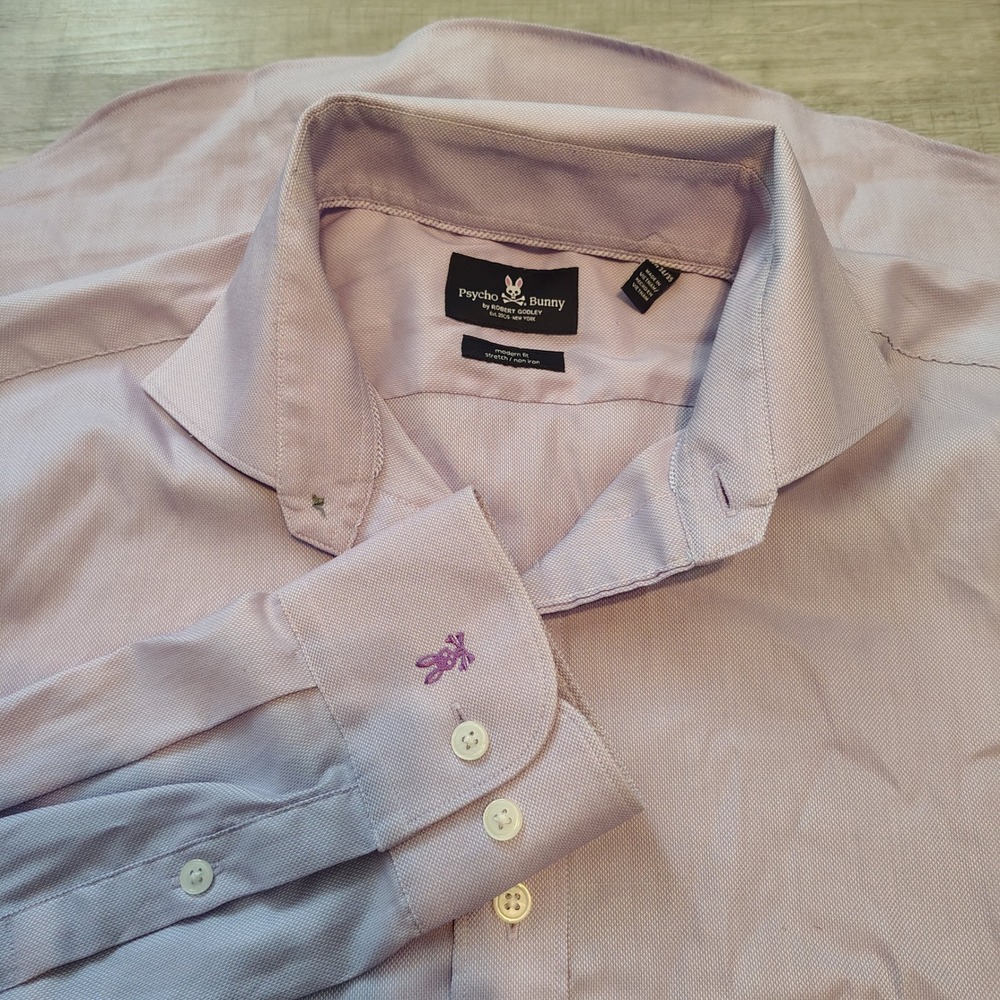 Psycho Bunny Robert Godley Modern Fit Dress Shirt Purple Non-Iron 15.5 34/35